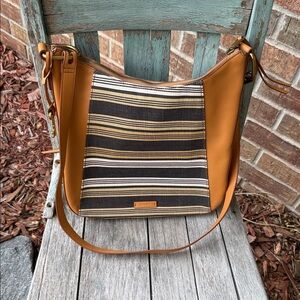Fossil Talia Hobo Shouler/Crossbody Striped Canvas & Tan Leather Bag